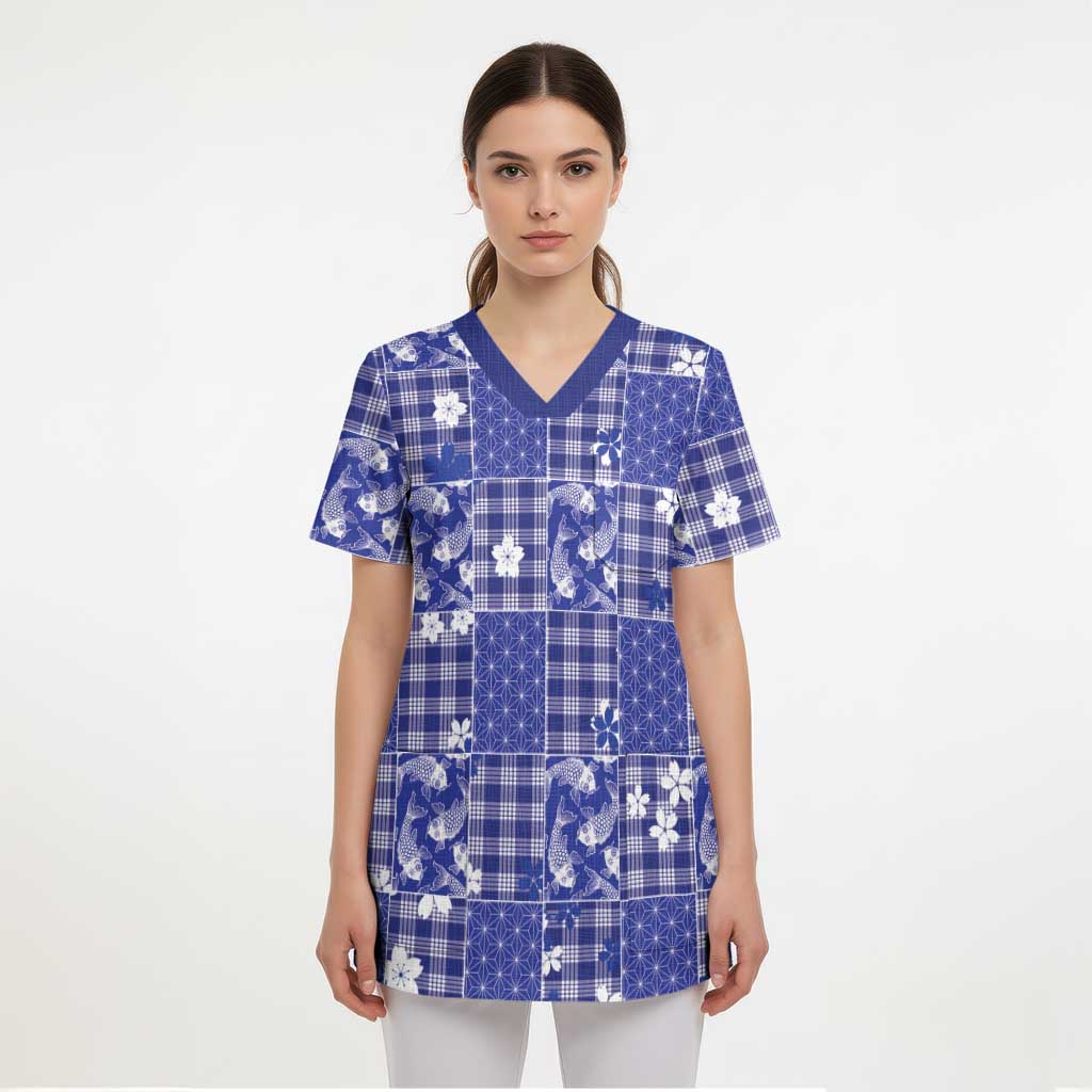 Blue Palaka Japanese Patterns Scrub Top Koi Fish Asanoha Sakura Patchwork Stylized - Polynesian Pride
