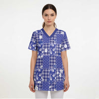 Blue Palaka Japanese Patterns Scrub Top Koi Fish Asanoha Sakura Patchwork Stylized - Polynesian Pride