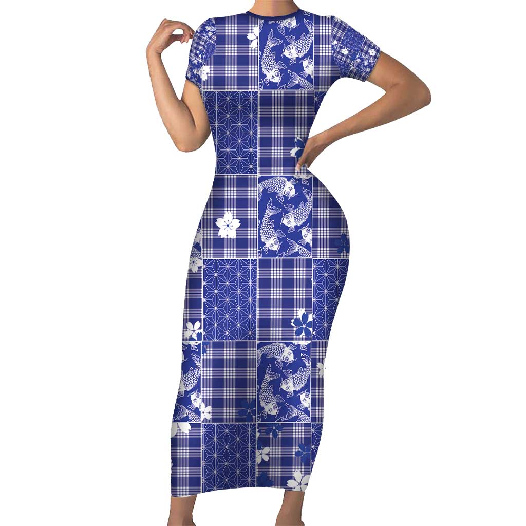 Blue Palaka Japanese Patterns Short Sleeve Bodycon Dress Koi Fish Asanoha Sakura Patchwork Stylized - Polynesian Pride