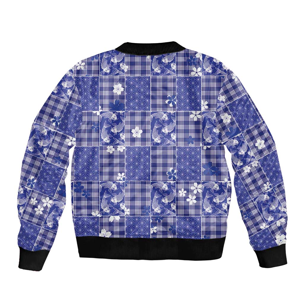 Blue Palaka Japanese Patterns Sleeve Zip Bomber Jacket Koi Fish Asanoha Sakura Patchwork Stylized - Polynesian Pride