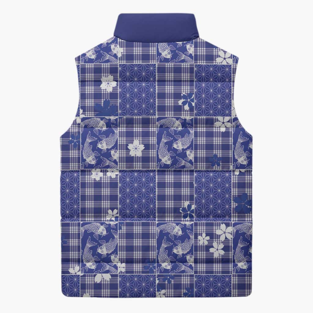 Blue Palaka Japanese Patterns Sleeveless Puffer Jacket Koi Fish Asanoha Sakura Patchwork Stylized - Polynesian Pride
