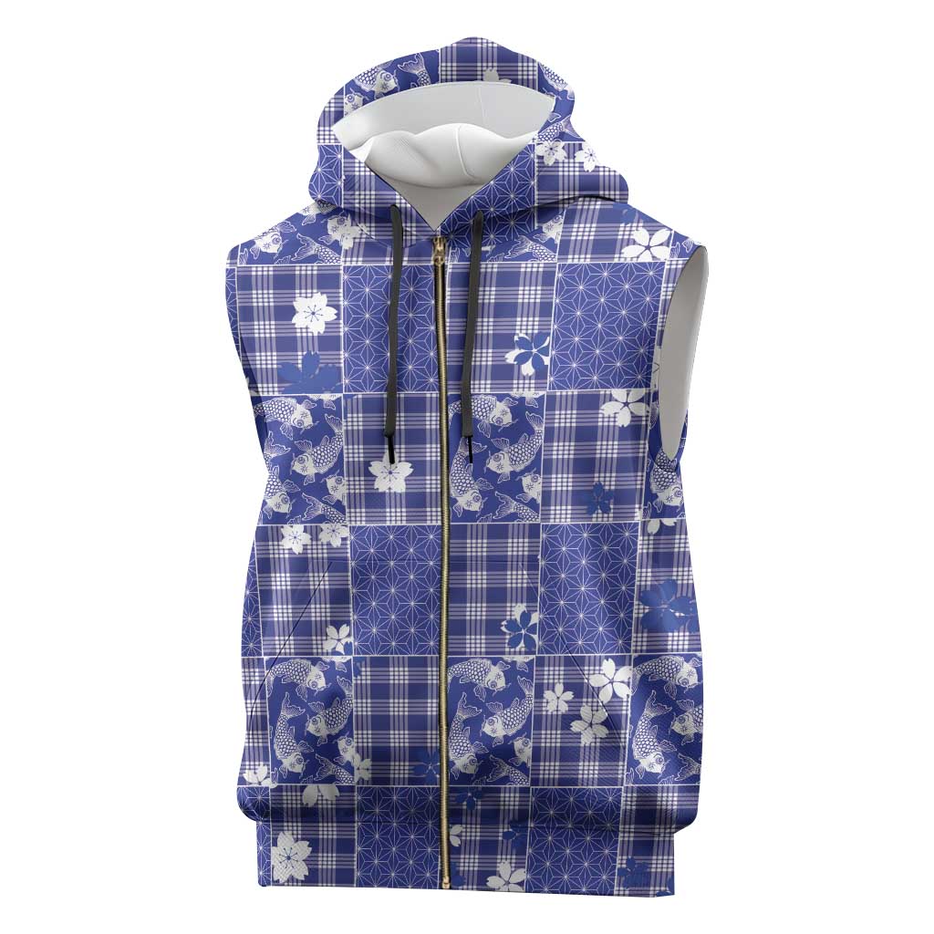 Blue Palaka Japanese Patterns Sleeveless Zip Hoodie Koi Fish Asanoha Sakura Patchwork Stylized - Polynesian Pride