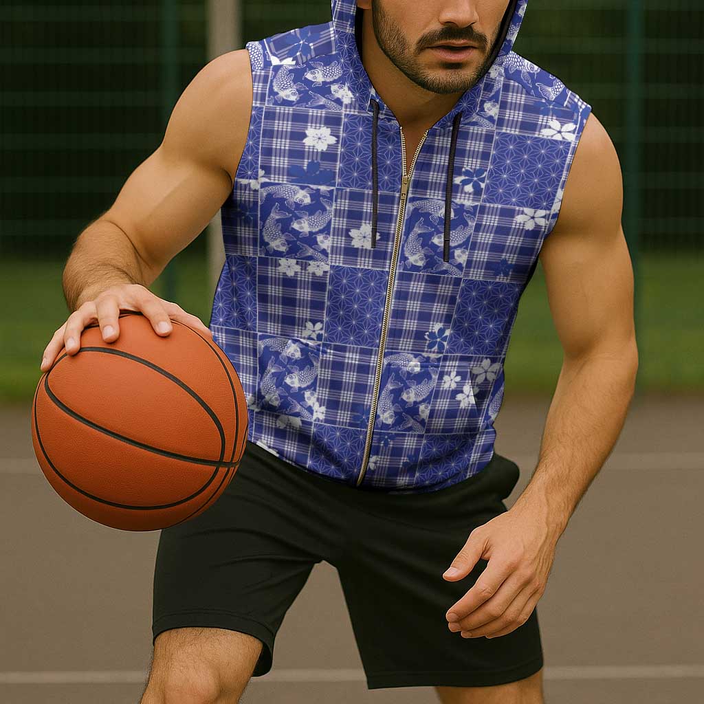 Blue Palaka Japanese Patterns Sleeveless Zip Hoodie Koi Fish Asanoha Sakura Patchwork Stylized - Polynesian Pride