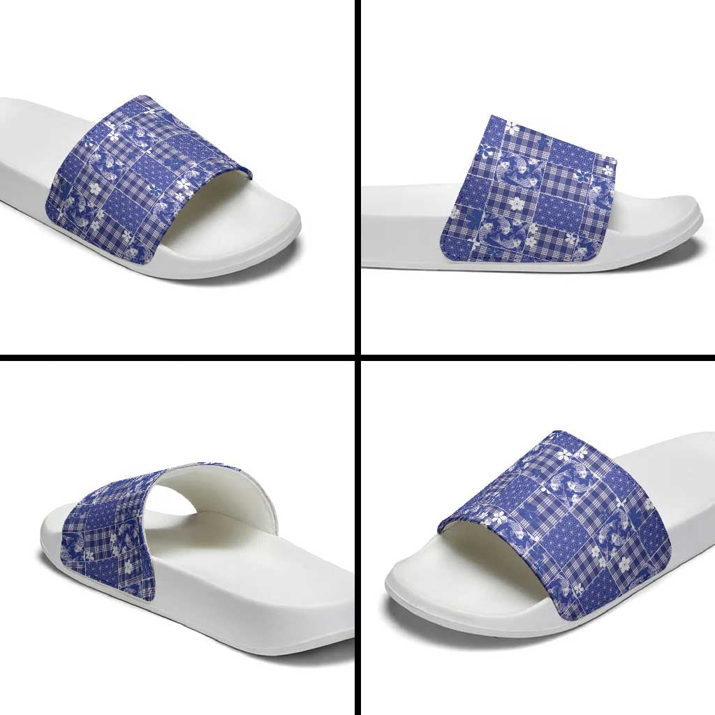 Blue Palaka Japanese Patterns Slide Sandals Koi Fish Asanoha Sakura Patchwork Stylized - Polynesian Pride