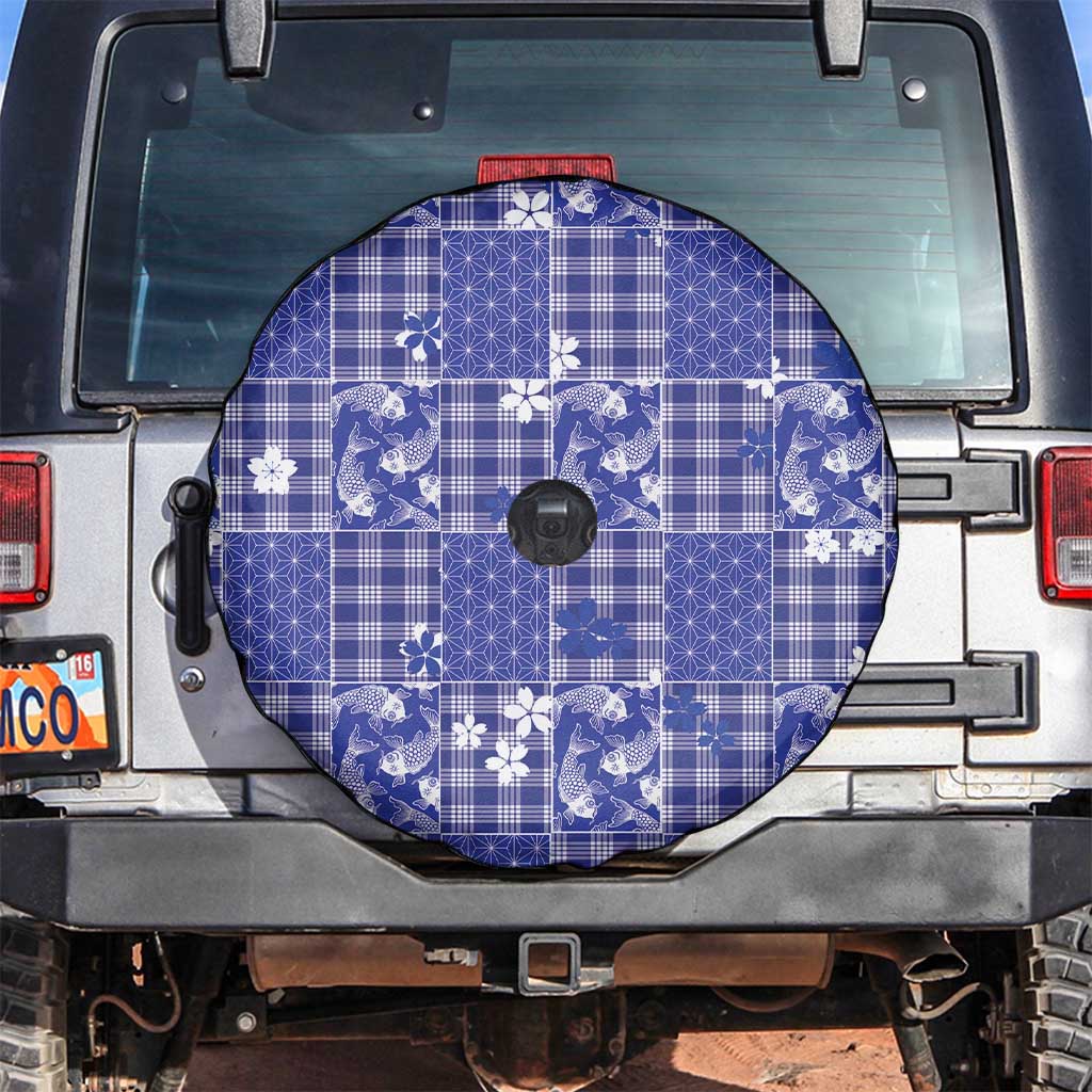 Blue Palaka Japanese Patterns Spare Tire Cover Koi Fish Asanoha Sakura Patchwork Stylized LT14 Blue - Polynesian Pride