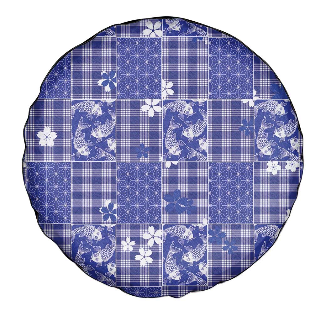 Blue Palaka Japanese Patterns Spare Tire Cover Koi Fish Asanoha Sakura Patchwork Stylized - Polynesian Pride