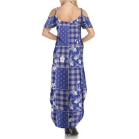 Blue Palaka Japanese Patterns Summer Maxi Dress Koi Fish Asanoha Sakura Patchwork Stylized - Polynesian Pride