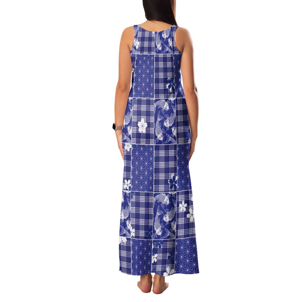 Blue Palaka Japanese Patterns Tank Maxi Dress Koi Fish Asanoha Sakura Patchwork Stylized - Polynesian Pride