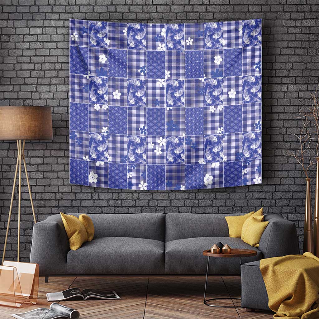 Blue Palaka Japanese Patterns Tapestry Koi Fish Asanoha Sakura Patchwork Stylized LT14 Blue - Polynesian Pride