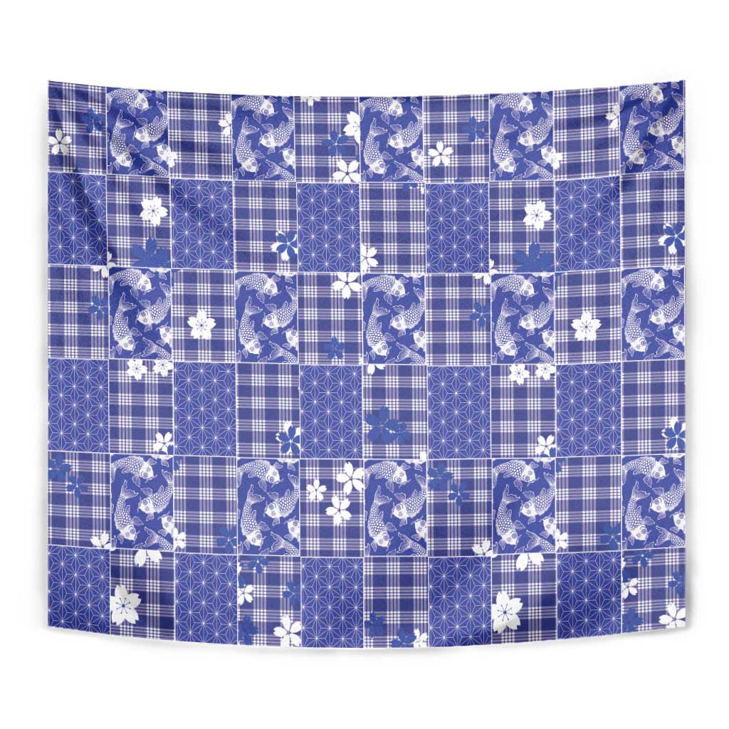 Blue Palaka Japanese Patterns Tapestry Koi Fish Asanoha Sakura Patchwork Stylized - Polynesian Pride