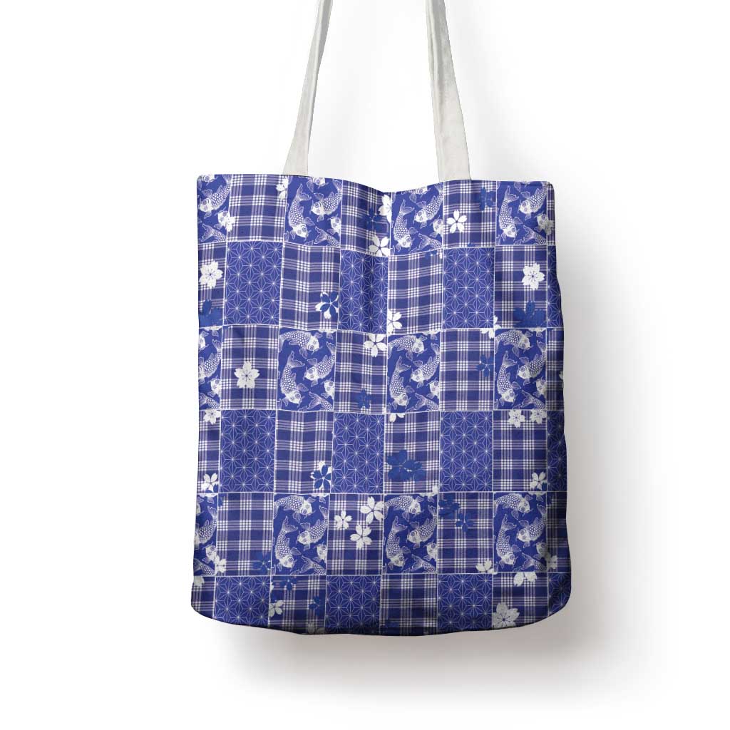 Blue Palaka Japanese Patterns Tote Bag Koi Fish Asanoha Sakura Patchwork Stylized - Polynesian Pride