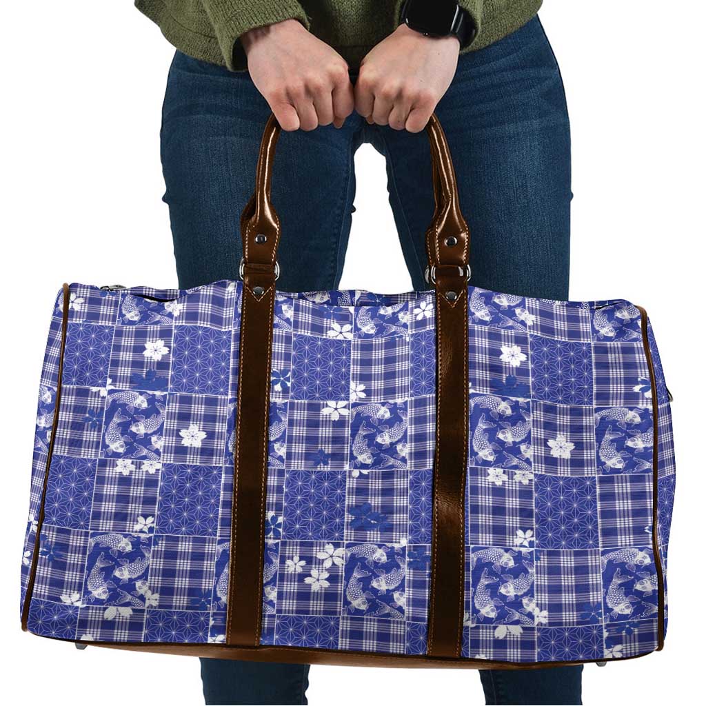 Blue Palaka Japanese Patterns Travel Bag Koi Fish Asanoha Sakura Patchwork Stylized - Polynesian Pride