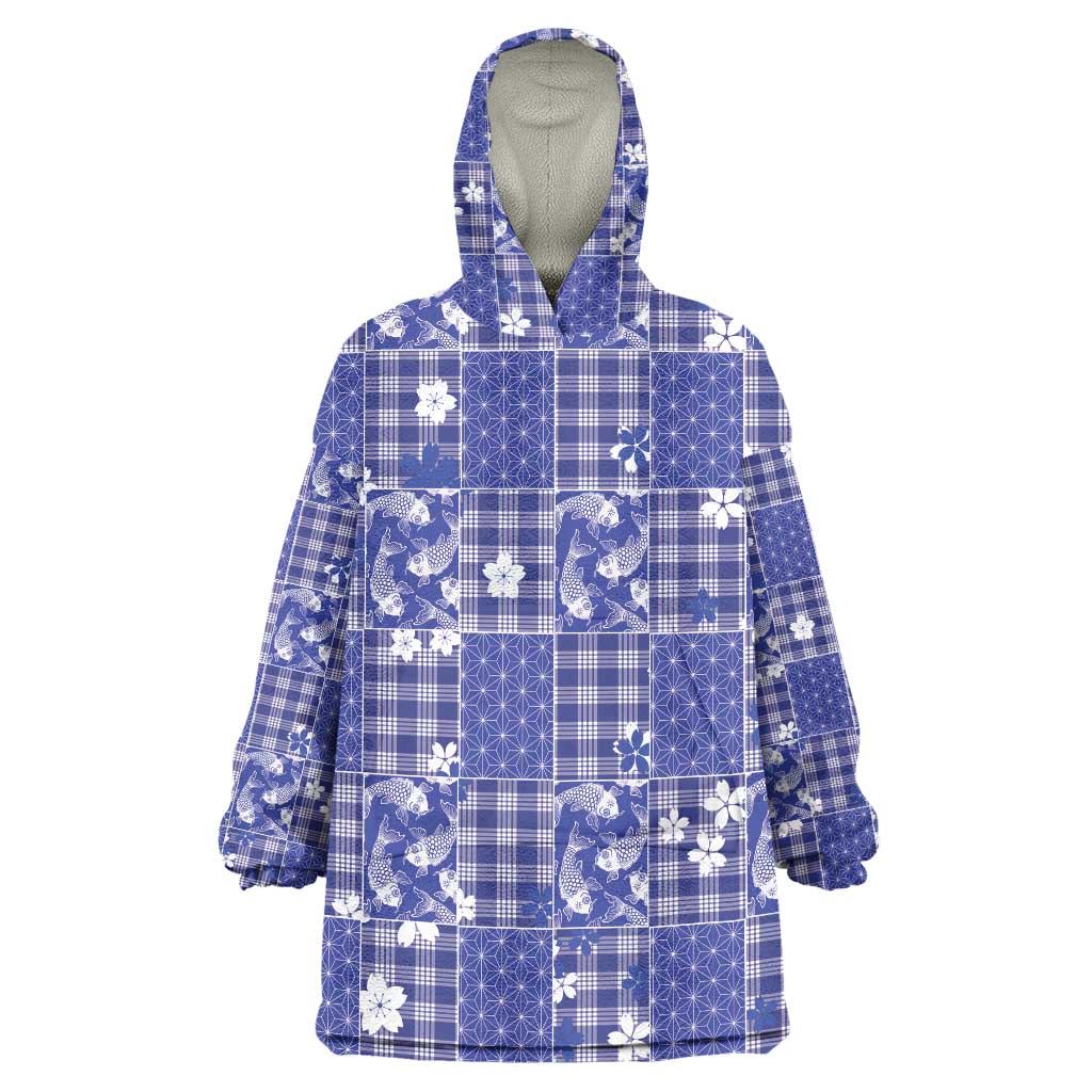 Blue Palaka Japanese Patterns Wearable Blanket Hoodie Koi Fish Asanoha Sakura Patchwork Stylized LT14 One Size Blue - Polynesian Pride