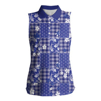 Blue Palaka Japanese Patterns Women Sleeveless Polo Shirt Koi Fish Asanoha Sakura Patchwork Stylized - Polynesian Pride
