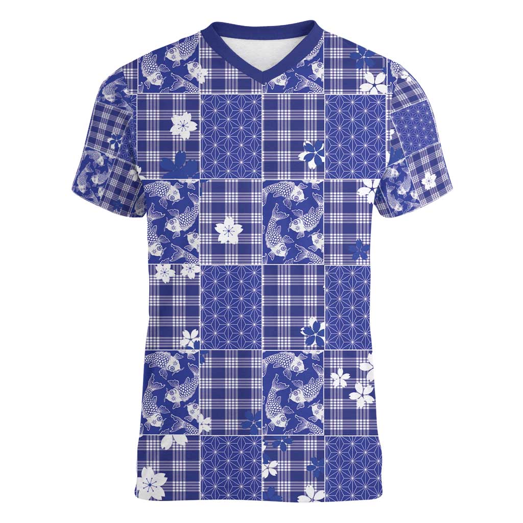 Blue Palaka Japanese Patterns Women V-Neck T-Shirt Koi Fish Asanoha Sakura Patchwork Stylized LT14 Female Blue - Polynesian Pride