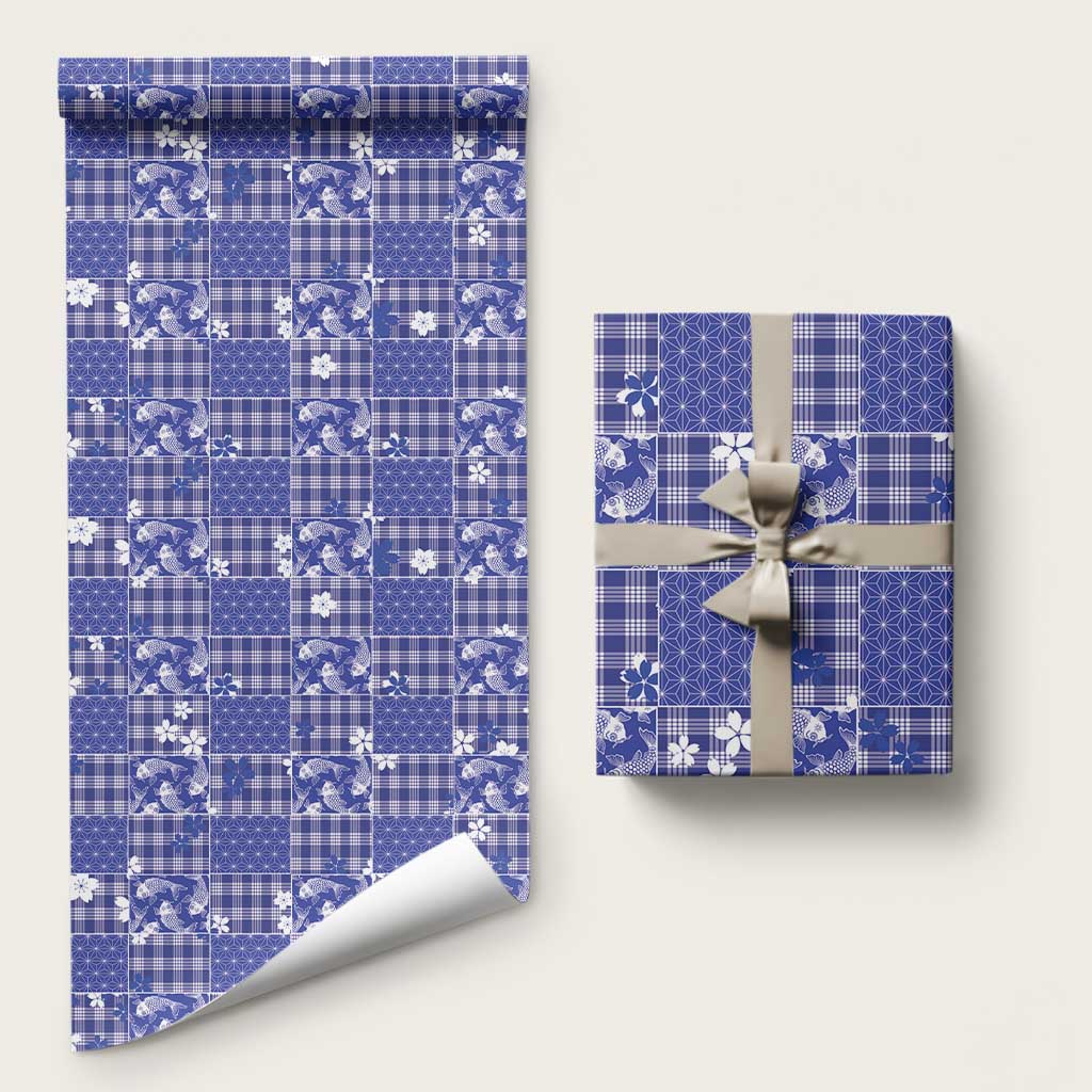 Blue Palaka Japanese Patterns Wrapping Paper Koi Fish Asanoha Sakura Patchwork Stylized - Polynesian Pride