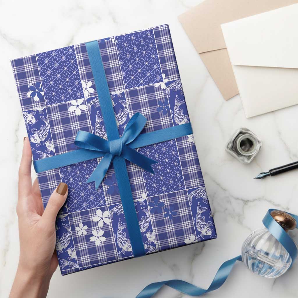 Blue Palaka Japanese Patterns Wrapping Paper Koi Fish Asanoha Sakura Patchwork Stylized - Polynesian Pride