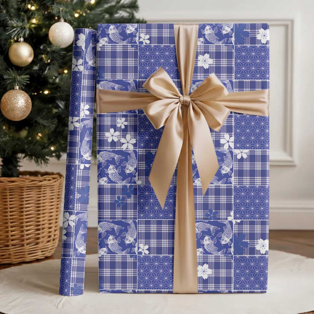 Blue Palaka Japanese Patterns Wrapping Paper Koi Fish Asanoha Sakura Patchwork Stylized - Polynesian Pride