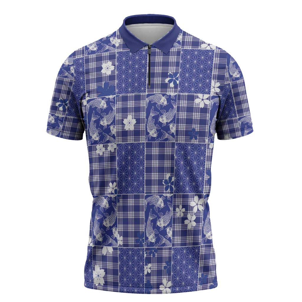 Blue Palaka Japanese Patterns Zipper Polo Shirt Koi Fish Asanoha Sakura Patchwork Stylized LT14 Blue - Polynesian Pride