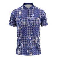 Blue Palaka Japanese Patterns Zipper Polo Shirt Koi Fish Asanoha Sakura Patchwork Stylized - Polynesian Pride