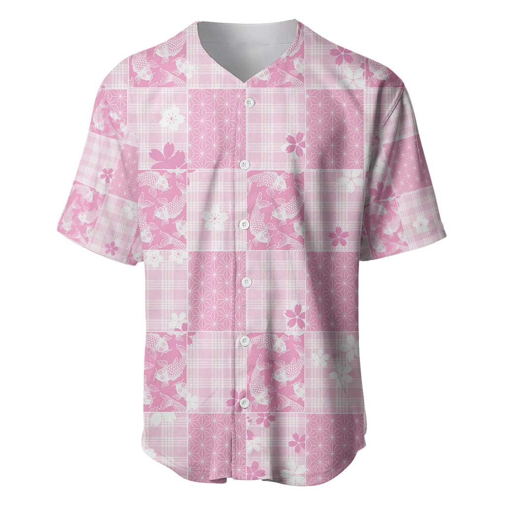Pink Palaka Japanese Patterns Baseball Jersey Koi Fish Asanoha Sakura Patchwork Stylized - Polynesian Pride