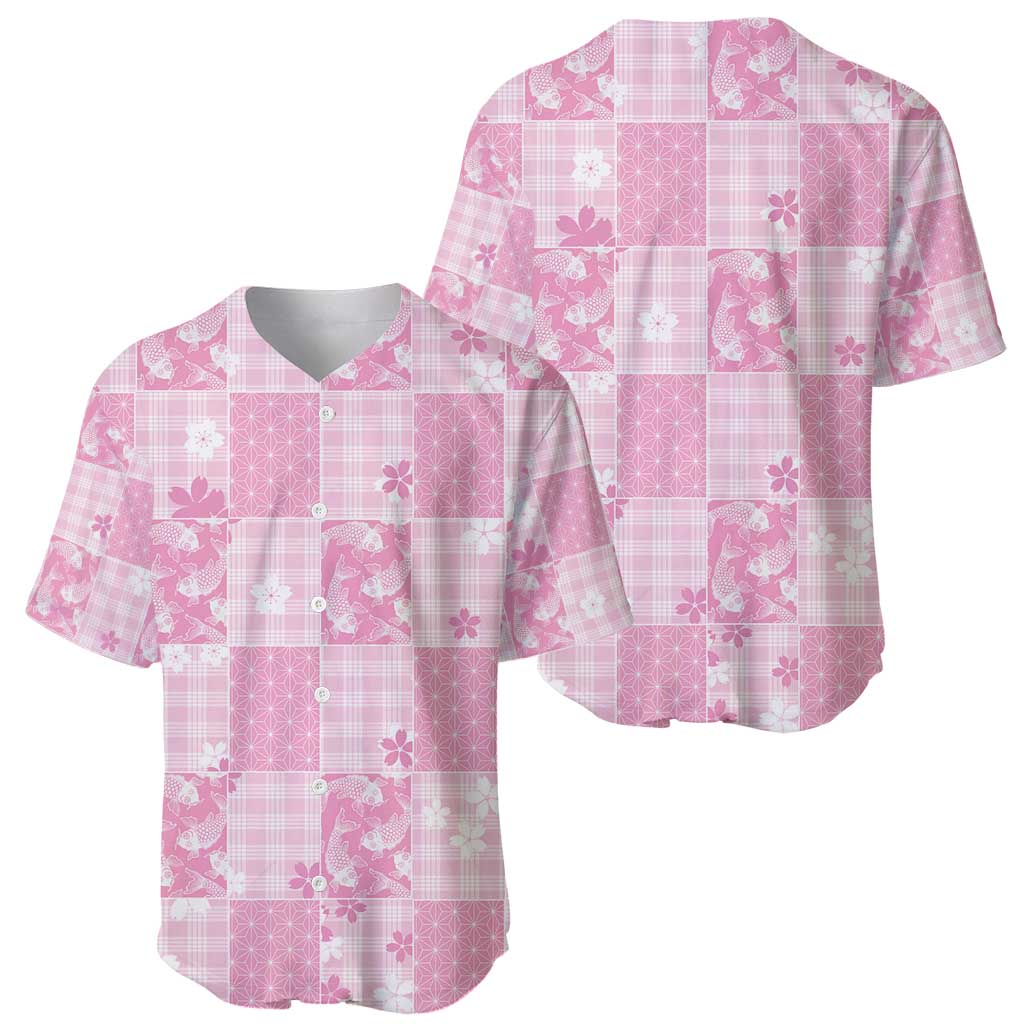 Pink Palaka Japanese Patterns Baseball Jersey Koi Fish Asanoha Sakura Patchwork Stylized - Polynesian Pride