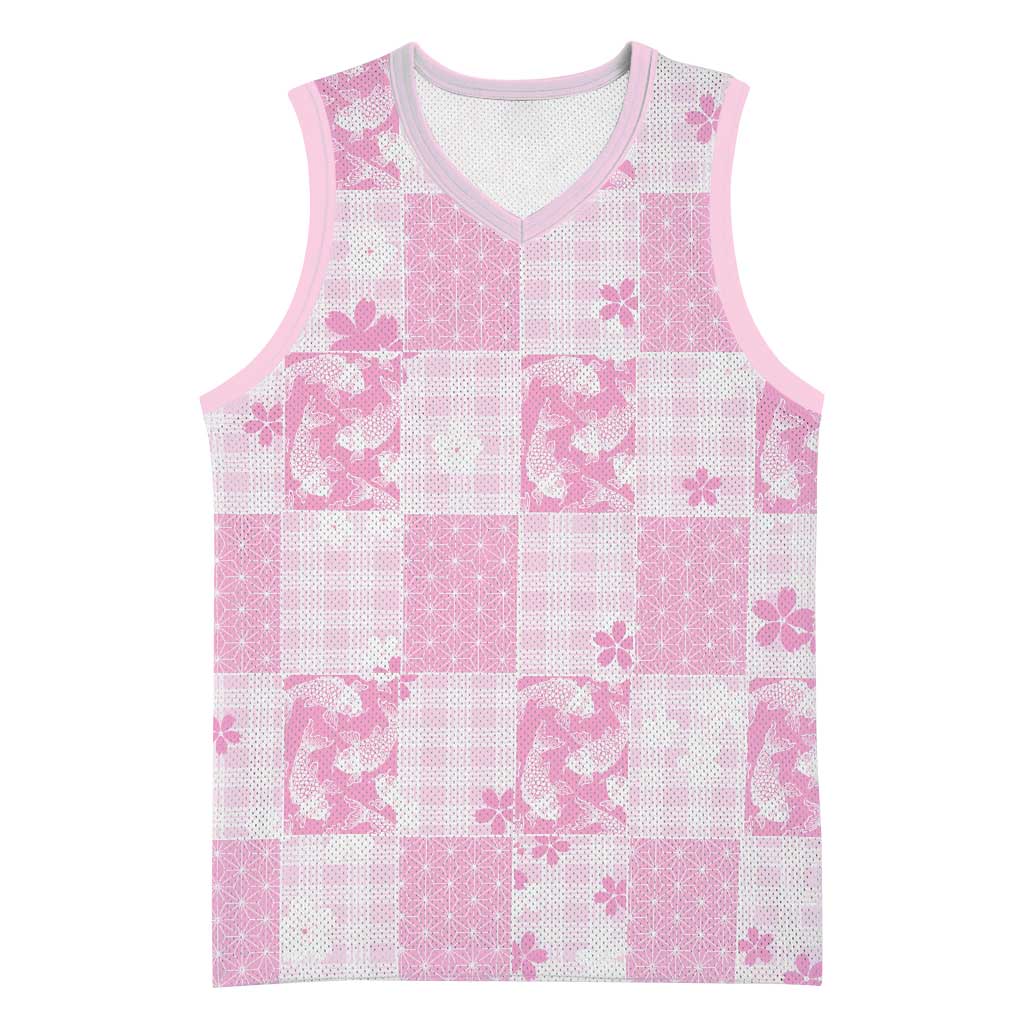 Pink Palaka Japanese Patterns Basketball Jersey Koi Fish Asanoha Sakura Patchwork Stylized - Polynesian Pride