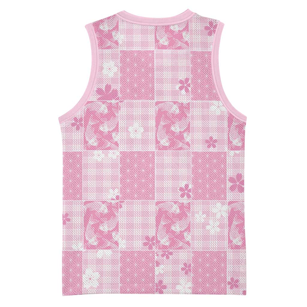 Pink Palaka Japanese Patterns Basketball Jersey Koi Fish Asanoha Sakura Patchwork Stylized - Polynesian Pride