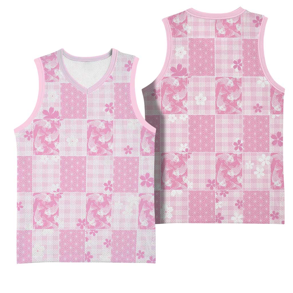 Pink Palaka Japanese Patterns Basketball Jersey Koi Fish Asanoha Sakura Patchwork Stylized - Polynesian Pride