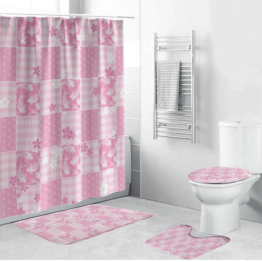 Pink Palaka Japanese Patterns Bathroom Set Koi Fish Asanoha Sakura Patchwork Stylized LT14 Bathroom Set (4 pcs) Pink - Polynesian Pride