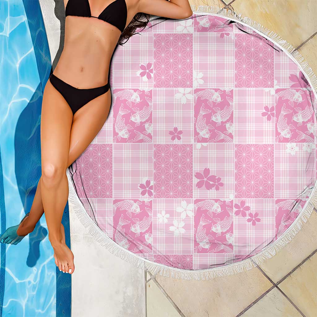Pink Palaka Japanese Patterns Beach Blanket Koi Fish Asanoha Sakura Patchwork Stylized - Polynesian Pride