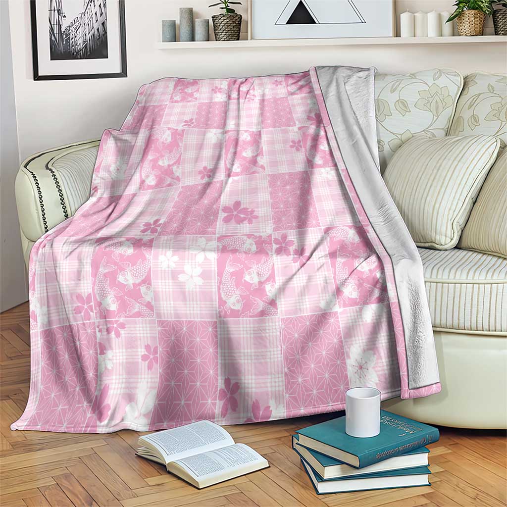 Pink Palaka Japanese Patterns Blanket Koi Fish Asanoha Sakura Patchwork Stylized - Polynesian Pride