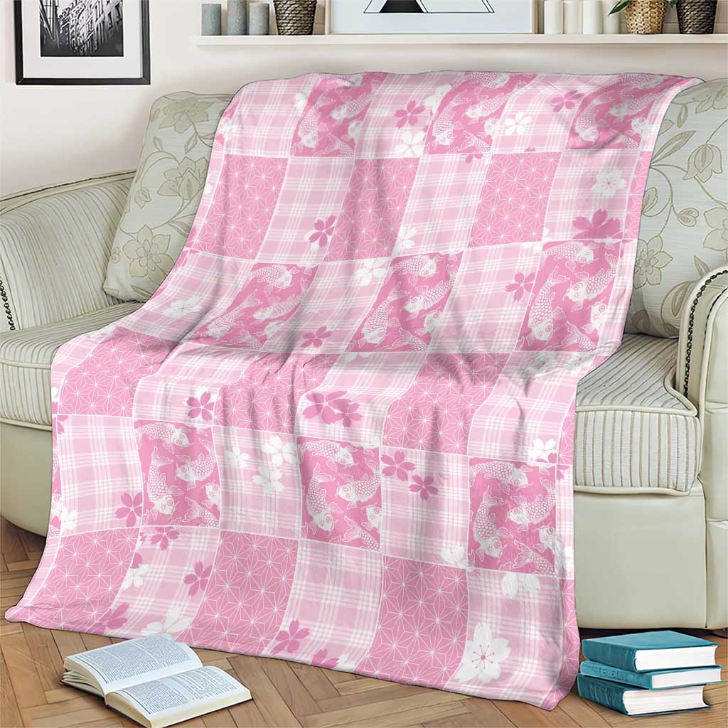 Pink Palaka Japanese Patterns Blanket Koi Fish Asanoha Sakura Patchwork Stylized - Polynesian Pride
