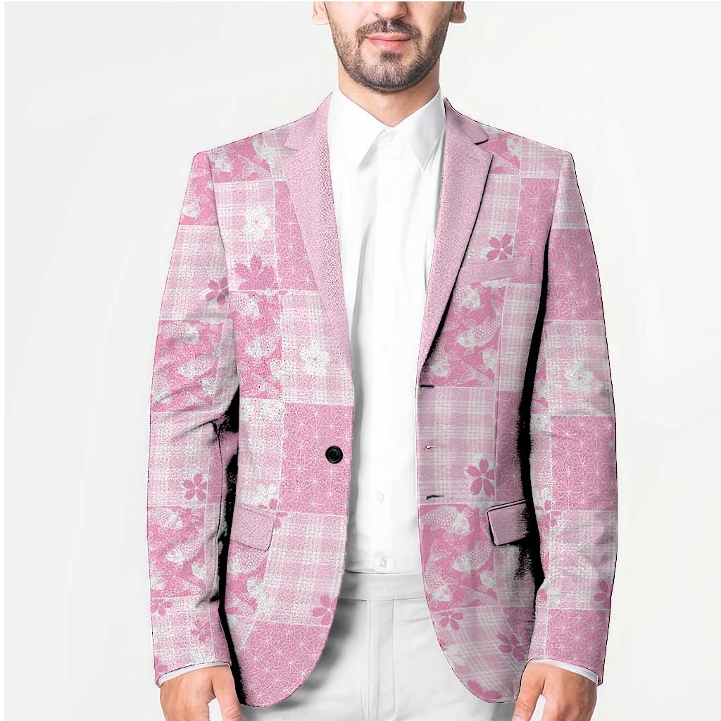 Pink Palaka Japanese Patterns Blazer Koi Fish Asanoha Sakura Patchwork Stylized - Polynesian Pride