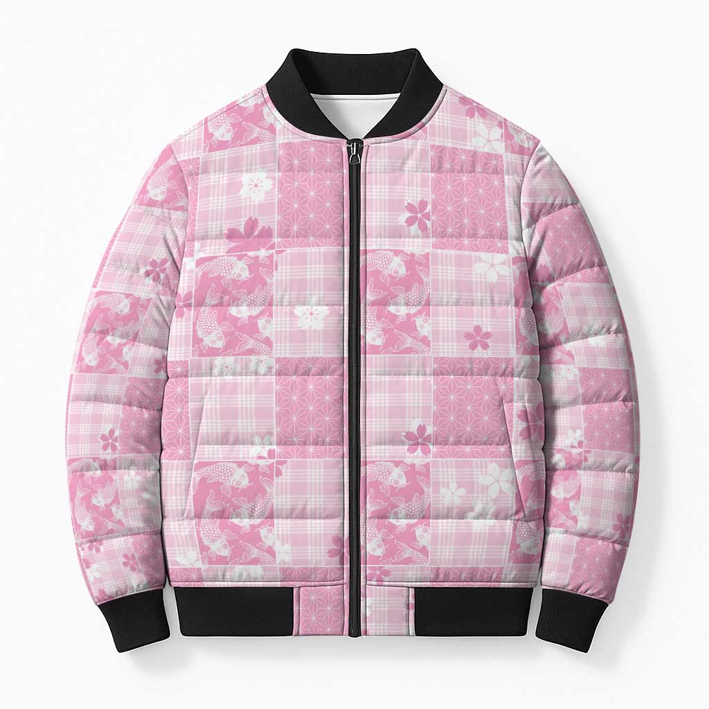 Pink Palaka Japanese Patterns Bomber Puffer Jacket Koi Fish Asanoha Sakura Patchwork Stylized - Polynesian Pride