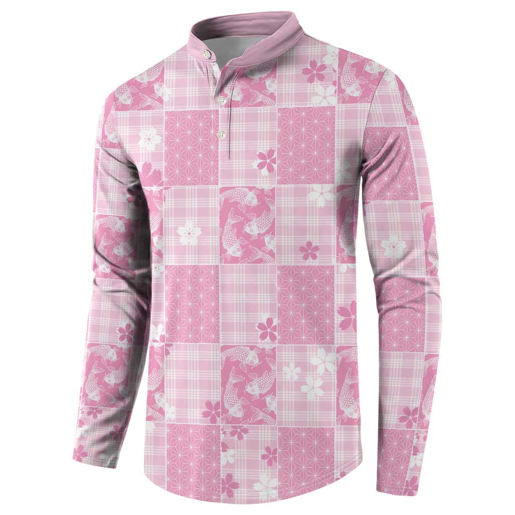 Pink Palaka Japanese Patterns Button Sweatshirt Koi Fish Asanoha Sakura Patchwork Stylized - Polynesian Pride