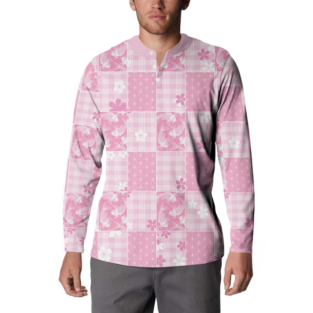 Pink Palaka Japanese Patterns Button Sweatshirt Koi Fish Asanoha Sakura Patchwork Stylized - Polynesian Pride