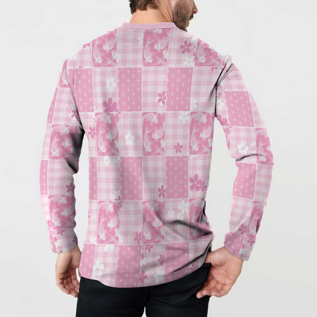 Pink Palaka Japanese Patterns Button Sweatshirt Koi Fish Asanoha Sakura Patchwork Stylized - Polynesian Pride