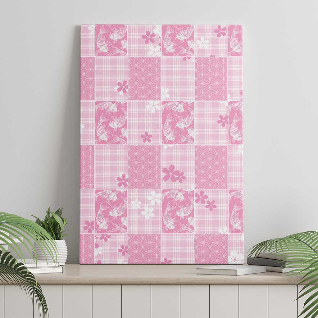 Pink Palaka Japanese Patterns Canvas Wall Art Koi Fish Asanoha Sakura Patchwork Stylized - Polynesian Pride