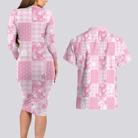 Pink Palaka Japanese Patterns Couples Matching Long Sleeve Bodycon Dress and Hawaiian Shirt Koi Fish Asanoha Sakura Patchwork Stylized - Polynesian Pride