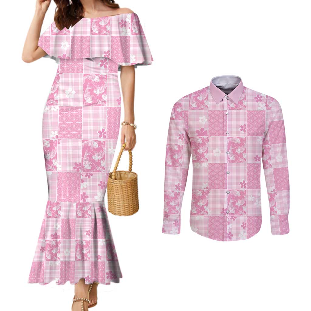 Pink Palaka Japanese Patterns Couples Matching Mermaid Dress and Long Sleeve Button Shirt Koi Fish Asanoha Sakura Patchwork Stylized LT14 Pink - Polynesian Pride