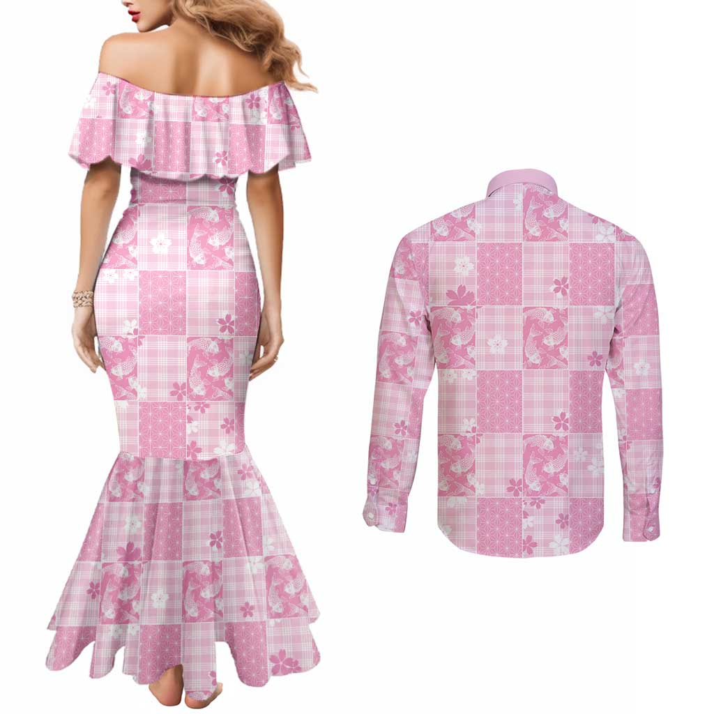 Pink Palaka Japanese Patterns Couples Matching Mermaid Dress and Long Sleeve Button Shirt Koi Fish Asanoha Sakura Patchwork Stylized LT14 - Polynesian Pride