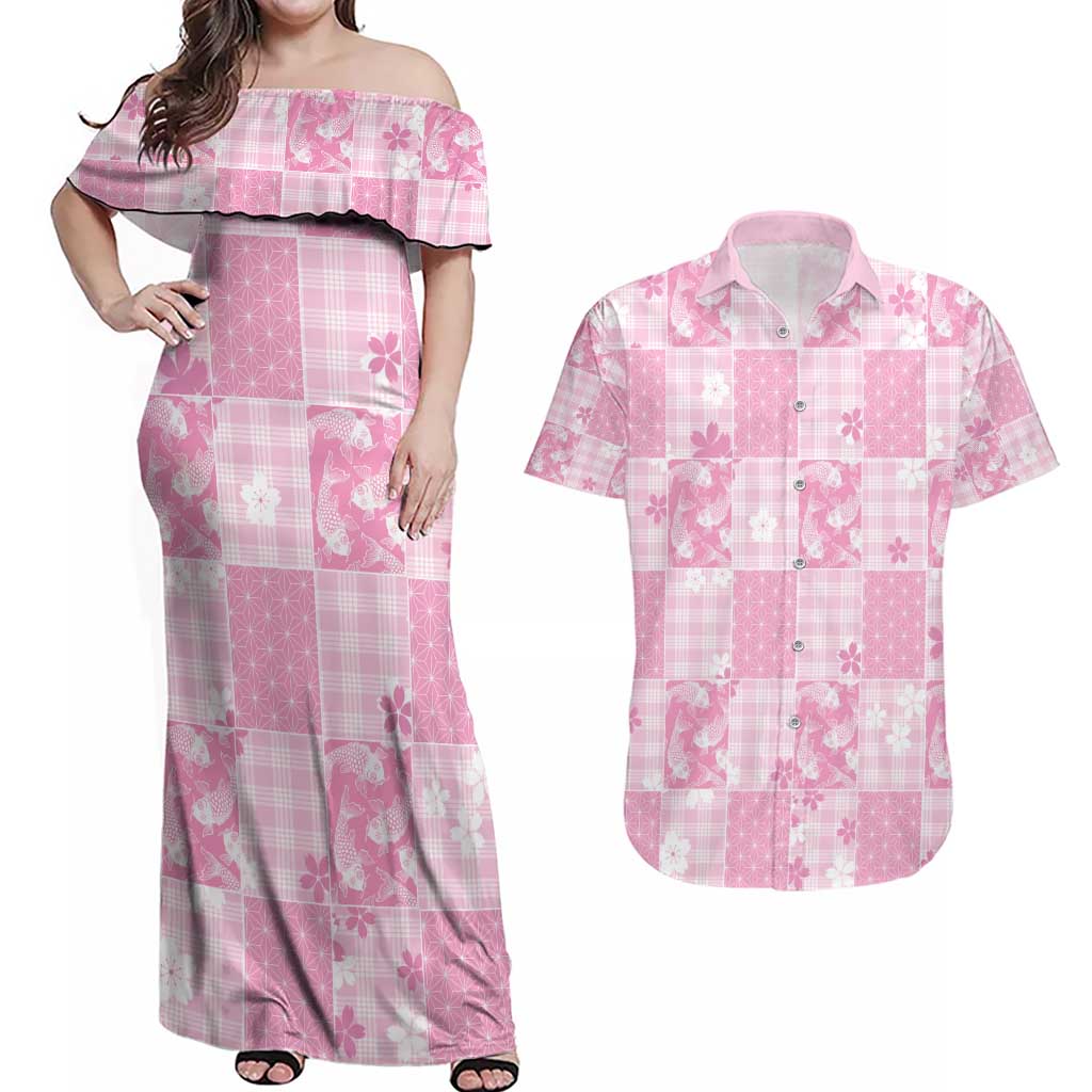 Pink Palaka Japanese Patterns Couples Matching Off Shoulder Maxi Dress and Hawaiian Shirt Koi Fish Asanoha Sakura Patchwork Stylized - Polynesian Pride