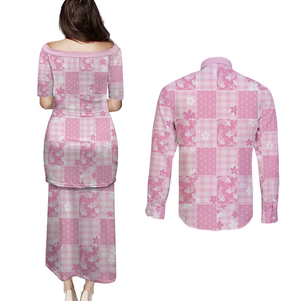 Pink Palaka Japanese Patterns Couples Matching Puletasi and Long Sleeve Button Shirt Koi Fish Asanoha Sakura Patchwork Stylized LT14 - Polynesian Pride