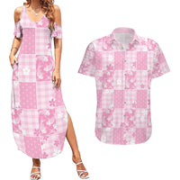 Pink Palaka Japanese Patterns Couples Matching Summer Maxi Dress and Hawaiian Shirt Koi Fish Asanoha Sakura Patchwork Stylized - Polynesian Pride