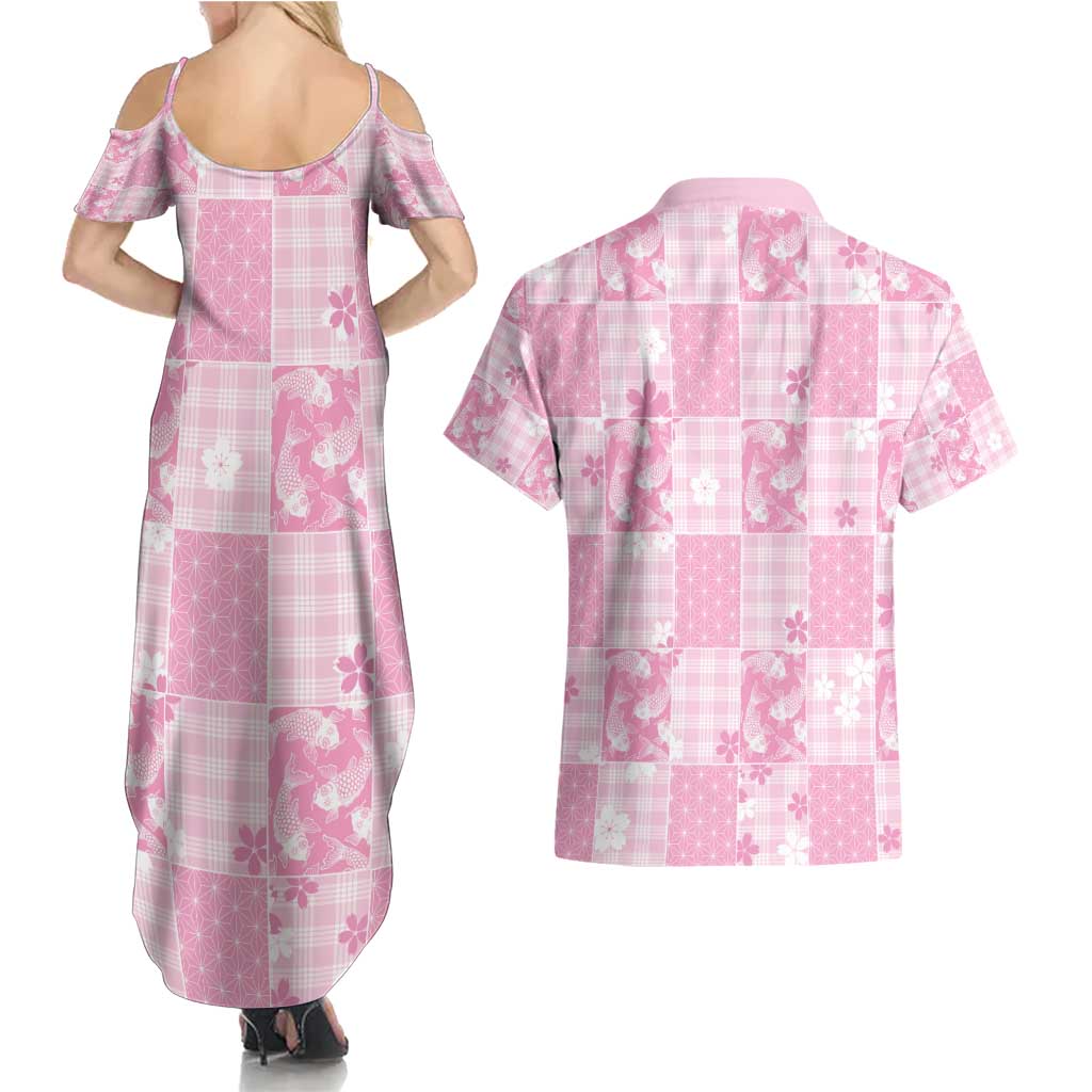Pink Palaka Japanese Patterns Couples Matching Summer Maxi Dress and Hawaiian Shirt Koi Fish Asanoha Sakura Patchwork Stylized - Polynesian Pride