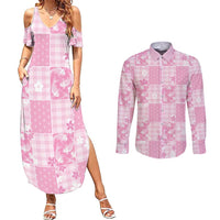 Pink Palaka Japanese Patterns Couples Matching Summer Maxi Dress and Long Sleeve Button Shirt Koi Fish Asanoha Sakura Patchwork Stylized - Polynesian Pride