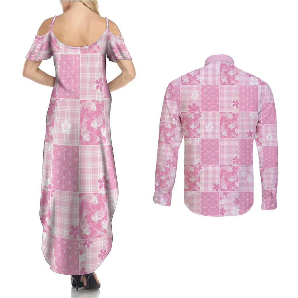 Pink Palaka Japanese Patterns Couples Matching Summer Maxi Dress and Long Sleeve Button Shirt Koi Fish Asanoha Sakura Patchwork Stylized - Polynesian Pride