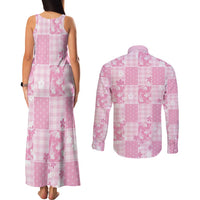 Pink Palaka Japanese Patterns Couples Matching Tank Maxi Dress and Long Sleeve Button Shirt Koi Fish Asanoha Sakura Patchwork Stylized LT14 - Polynesian Pride