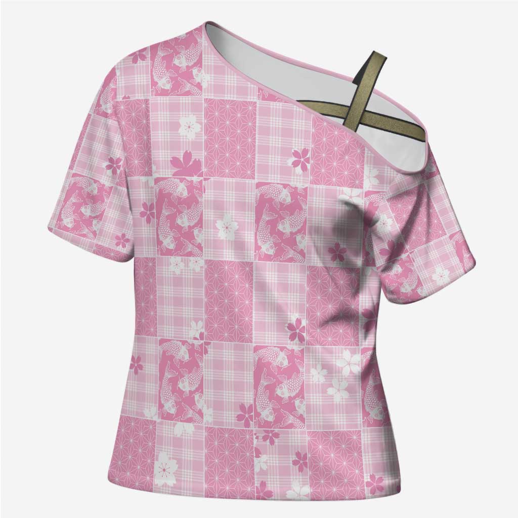 Pink Palaka Japanese Patterns Cross Shoulder Shirt Koi Fish Asanoha Sakura Patchwork Stylized - Polynesian Pride